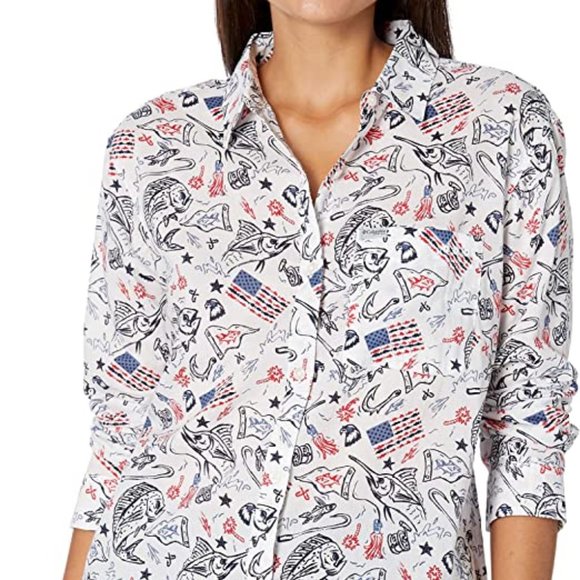 🆕Columbia Women's Slack Water Woven LS Shirt, White Americana Fishing Print,NWT - Picture 1 of 7
